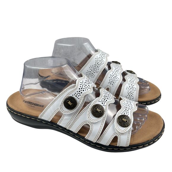 Clarks Women's Leisa Grace Sandals Size 9 M White Leather Slip On Slide Comfort - Picture 1 of 12